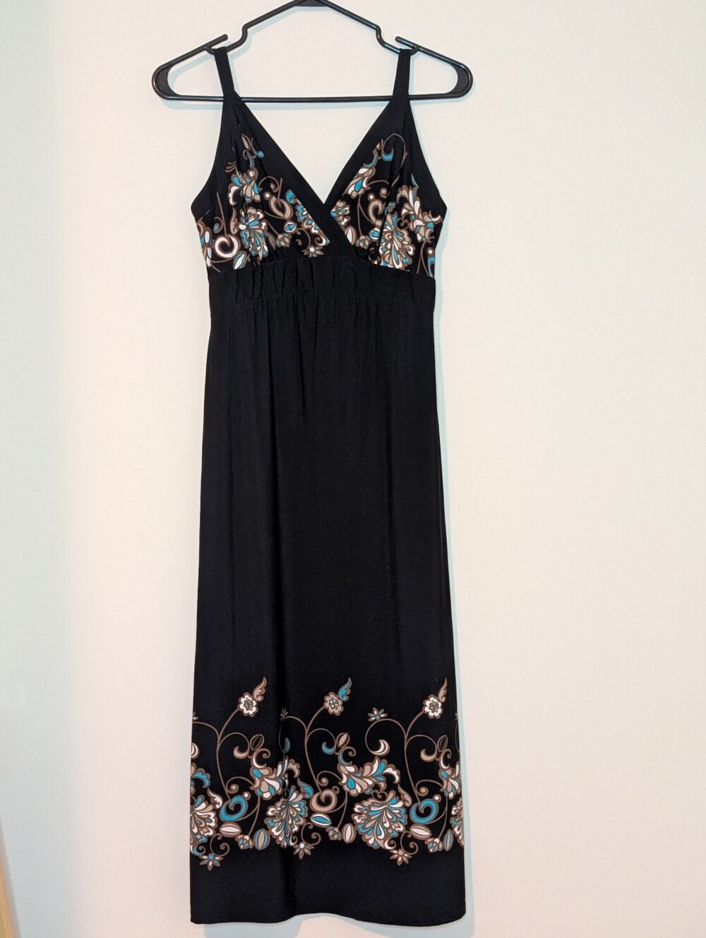A Pea in the Pod Black Maxi Dress with Teal & Gold Floral Print, size X-small